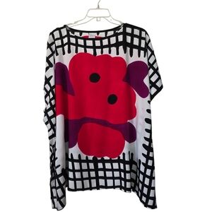 Handpainted Sylca Abstract Floral Red Black Grid Poncho Kimono Kaftan Top EUC